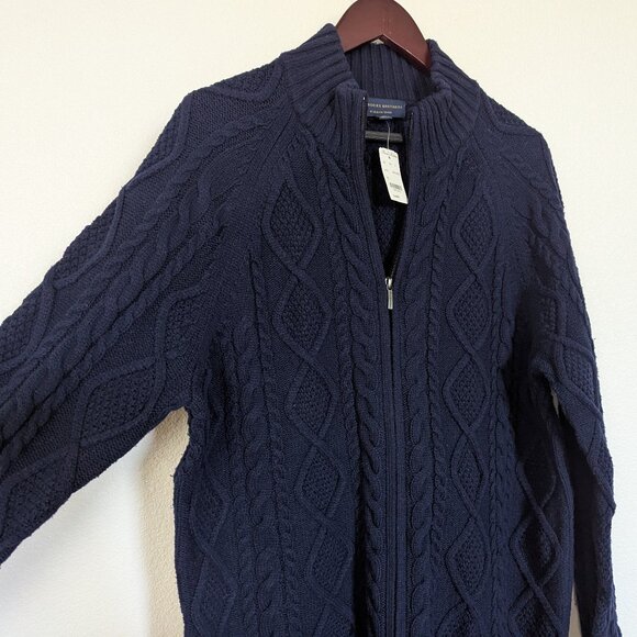 NWT Brooks Brothers Men's Merino Wool Blend Zip Up Cable Knit Sweater Navy XL - Picture 3 of 11